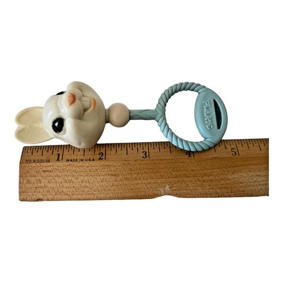 Vintage Plakie Baby Rattle 1950s Bunny Blue Handle Nursery Decor - Picture 6 of 7
